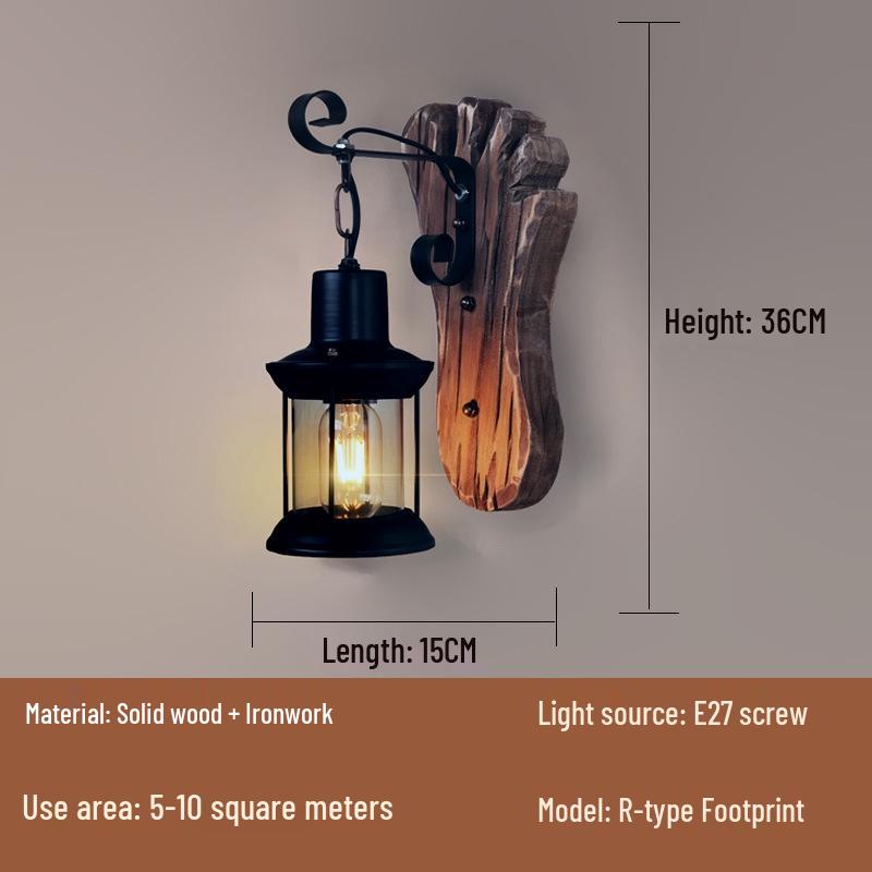 American Retro Industrial Wall Lamp - Antique Solid Wood Lantern for Restaurant and Corridor Decor