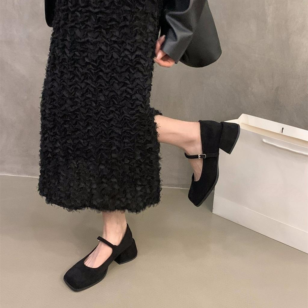 French Medium and High Heels Retro Suede Leopard Shoes Women's Shoes 2025 New Spring and Autumn Square Head Mary Jane Small Leather Shoes