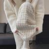 Women's High Waist White Houndstooth Wide-Leg Pants, 2024 Spring/Autumn Casual Style