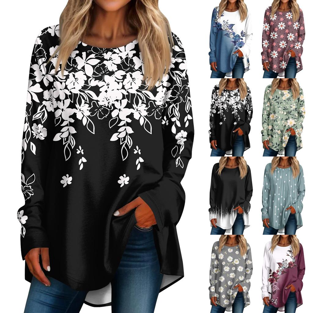 Women's Casual  Plus Size Long Sleeved Round  Printed T-shirt Top Pullover