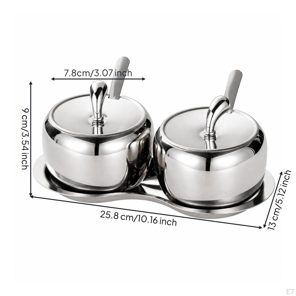 2 Pieces Stainless Steel Condiment Pot Set with Tray Multipurpose