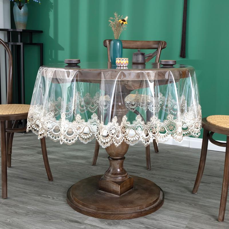 PVC Embroidered Lace Edge Tablecloth Waterproof and Drooping Soft Tablecloth Household Round Table Cloth American Dining Table Tea Table Cloth