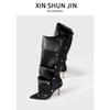 Willow Nail Buckle Splicing Two Wear Stiletto Denim Pleated Pile Boots Female Personality Spice Girl Fashion Boots Female