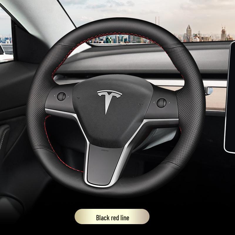 Ручная стежка, чехол на руль из натуральной кожи Tesla для моделей 3/Y/X/S - Полное покрытие, противоскользящий захват.