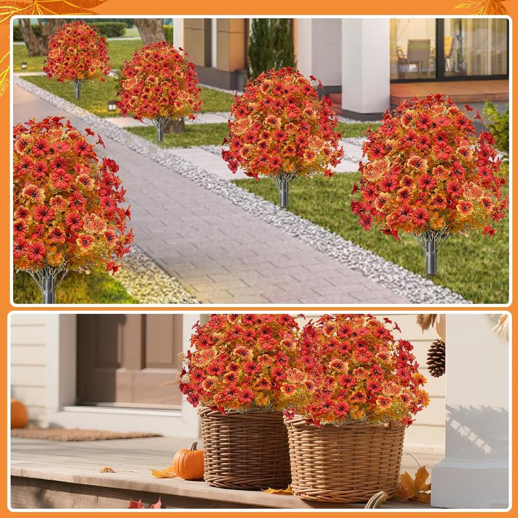 2 Pack Fall Artificial Mums Topiary Ball Tree with Ground Spike Boxwood 25" UV Resistant Fake Greenery Shrub Faux Violet Plant Fall Decorations