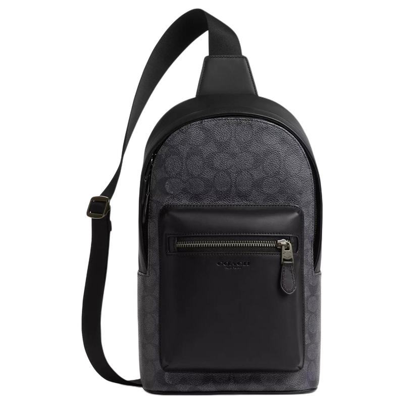 Coach West Pack 20 Металлический логотип Застежка-молния Покрытый холст Сумка через плечо на грудь Маленькая мужская Угольно-черная