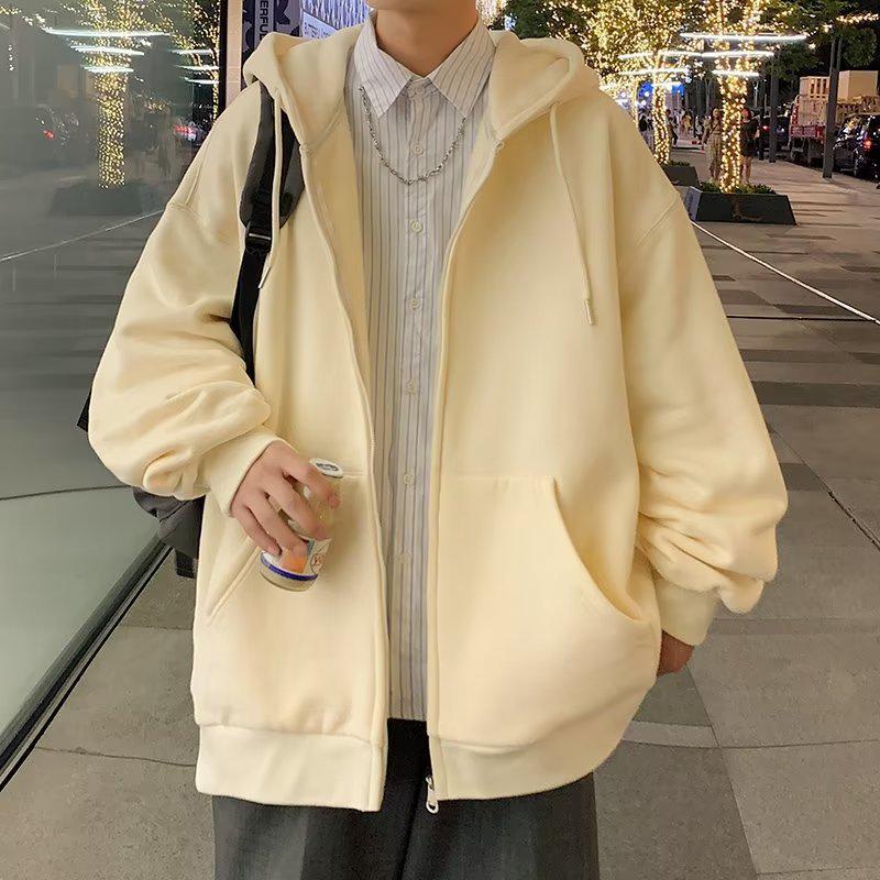 Мужской кардиган с капюшоном на молнии в корейском стиле — модная однотонная толстовка свободного кроя для осени и зимы