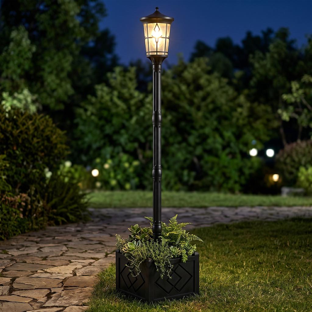 Outdoor Solar Garden Light With Planter 2 Brightness Modes 100 50 Lm Ip44 Automatic On Off Black