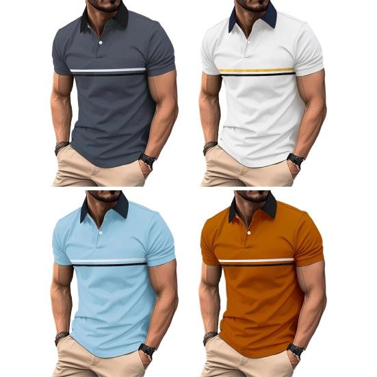 Летний мужской топ с отложным воротником, однотонный лоскутный полосатый принт, приталенный пуловер, мягкая дышащая пуговица, повседневная мужская футболка средней длины