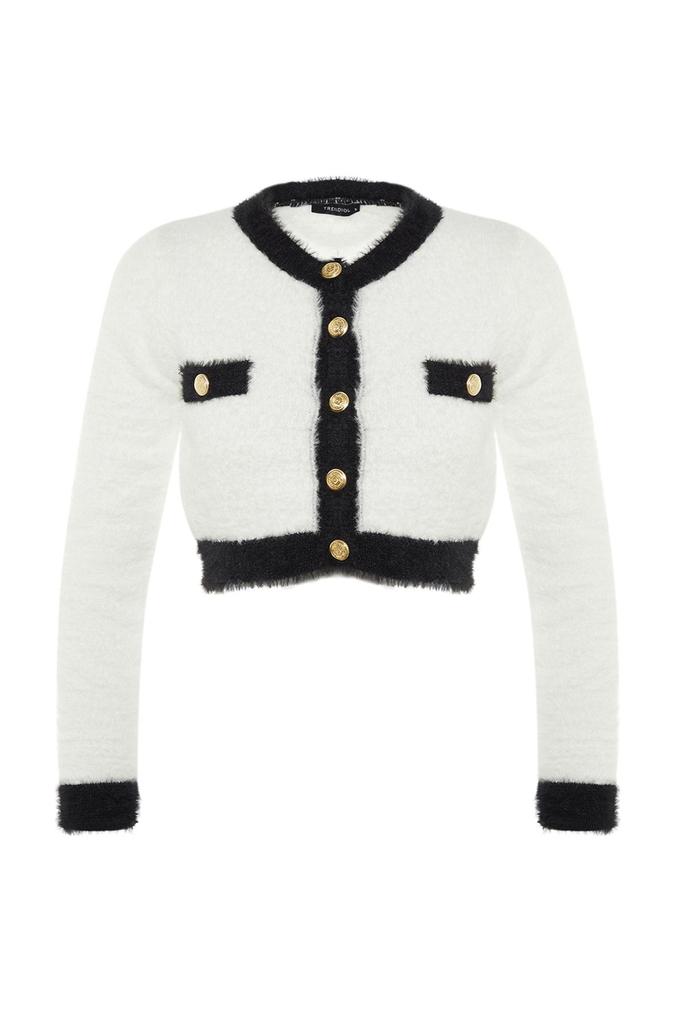 Women's Elegance Style Cardigan Navy Blue Crop Beard Furry Thread Jacket Look Knitwear Cardigan