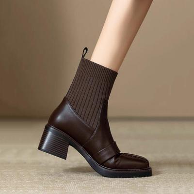 Женские коричневые вязаные ботильоны на толстом каблуке - Эластичный стиль носка для осени/зимы