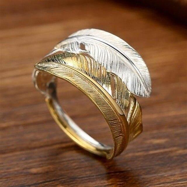 Fashion Unique Design Feather Opening Adjustable Metal Ring Men And Women Retro Trend Couple Jewelry Gift