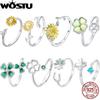 WOSTU Кольцо с открытым дизайном из стерлингового серебра 925 пробы с растением, бирюзой, четырехлистным клевером, подсолнухами. Оригинальное кольцо для женщин. Подарок с наилучшими пожеланиями