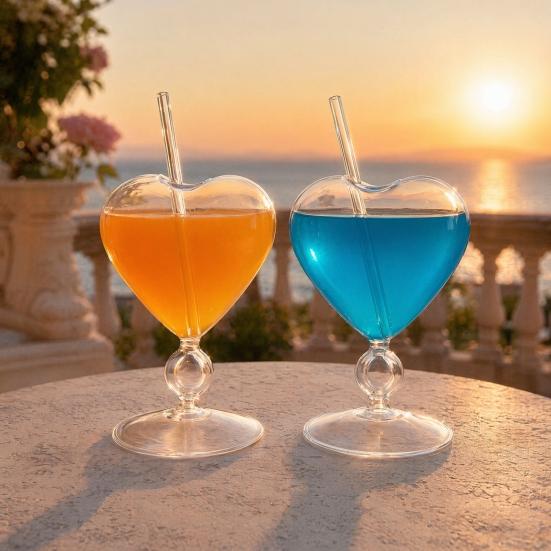 Creative Heart-shaped Goblet with Straw, Personalized Glass Wine Juice Cup, Love Heart Stemware for Champagne Martini, Wedding Gift