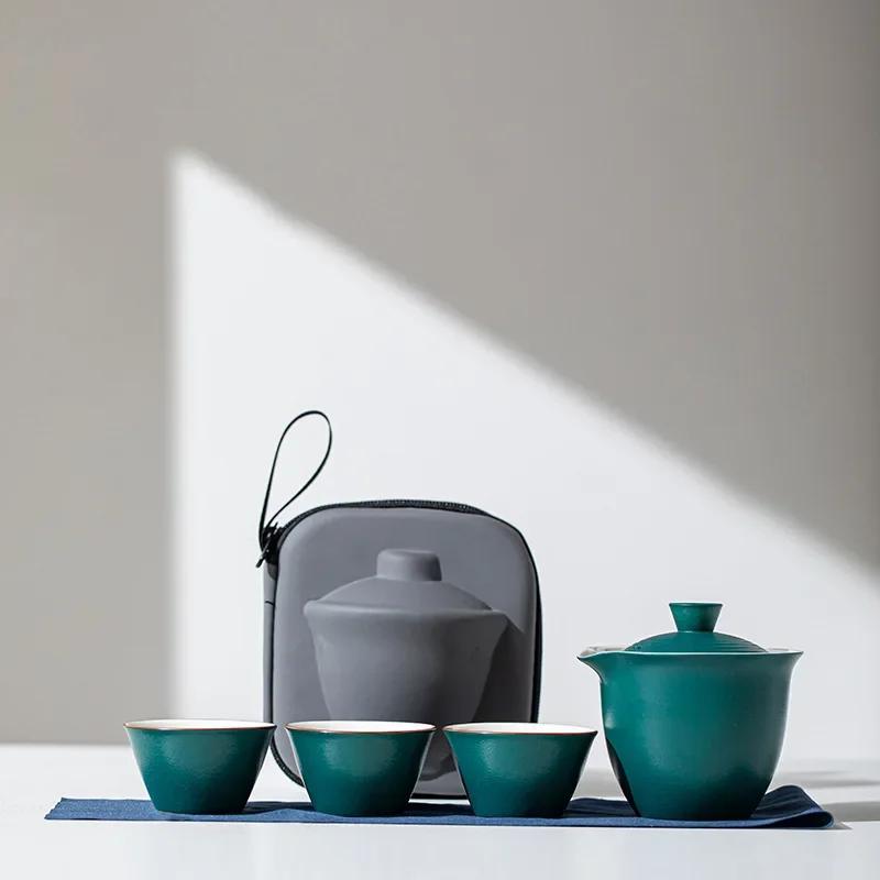 Портативный чайник, чайный набор, дорожный чайный набор, керамическая посуда для кунг-фу, походная переносная сумка, китайский чайный набор, 1 миска, 3 чашки