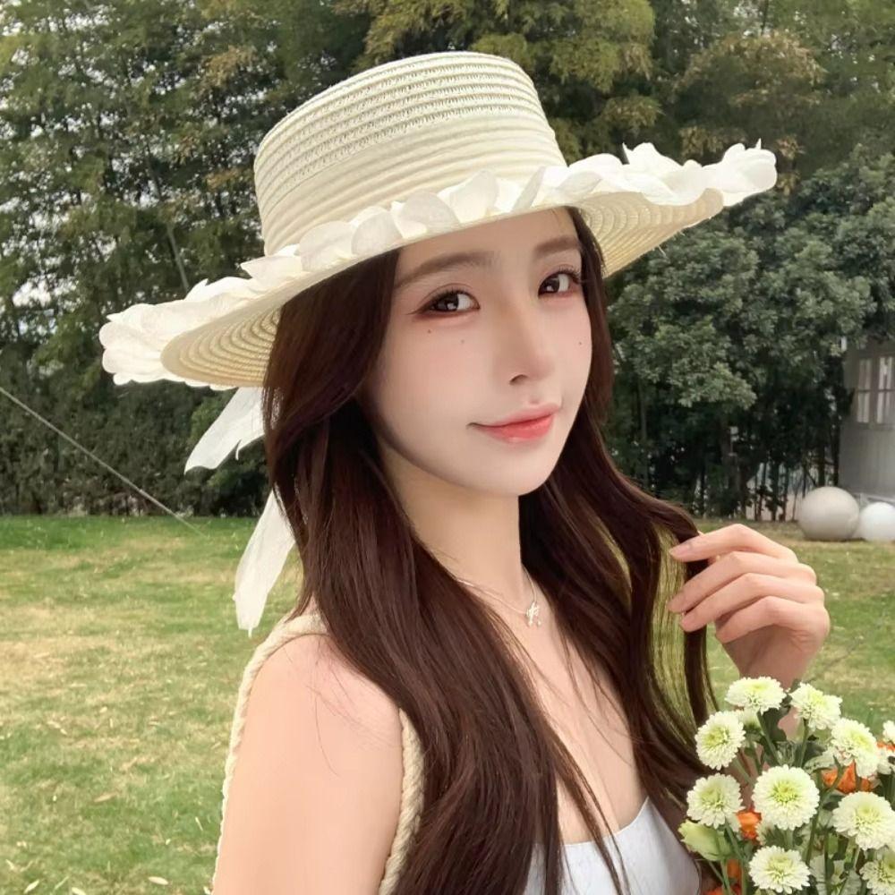 Breathable Straw Hat Wide-brimmed Beach Hat Sweet Sunshade Hat for Summer Sun Protection