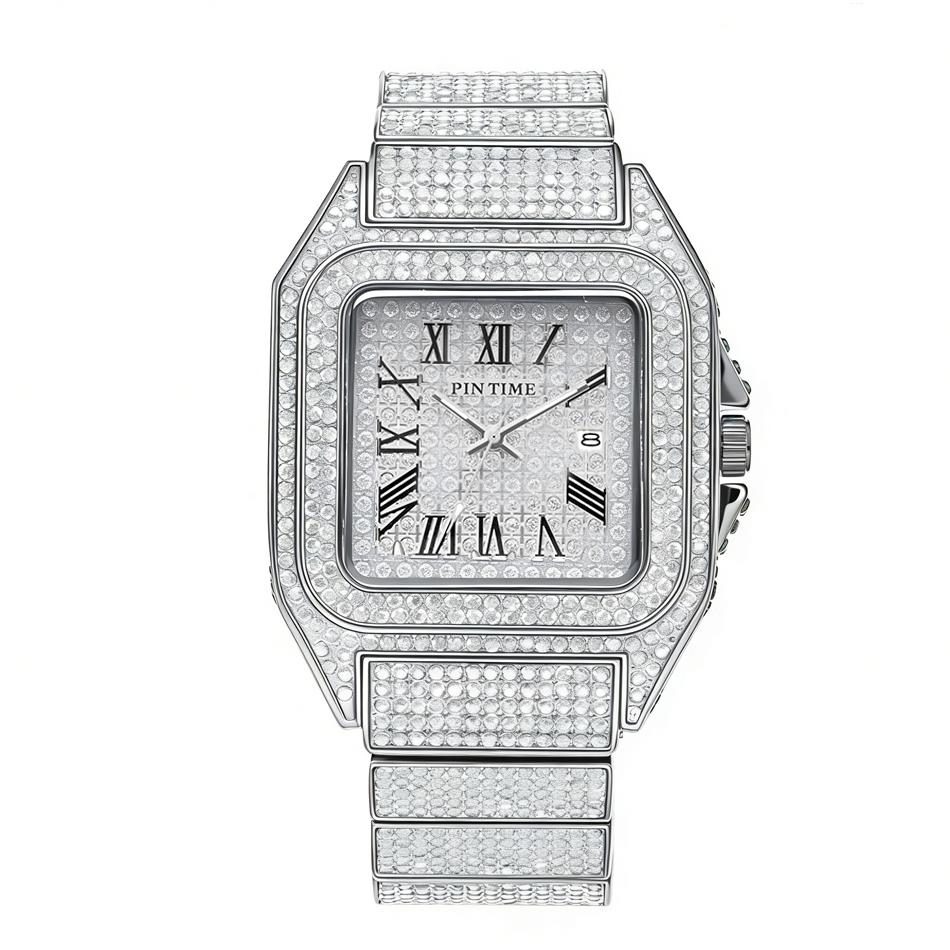 Black Spiked Diamond Quartz Watch Hip Hop Bling Full Crystal Wristwatch Men's Punk Style Daily Wear Jewelry with Gift Box