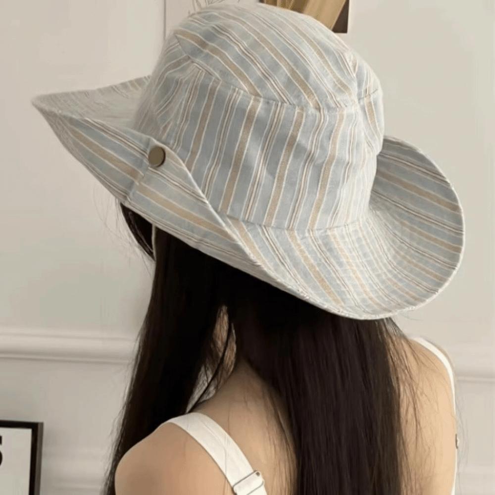Striped Pattern Korean Version Hat Simple Design Big Eaves Simple Travel Hat Korean Style Shading Function Striped Bucket Hat