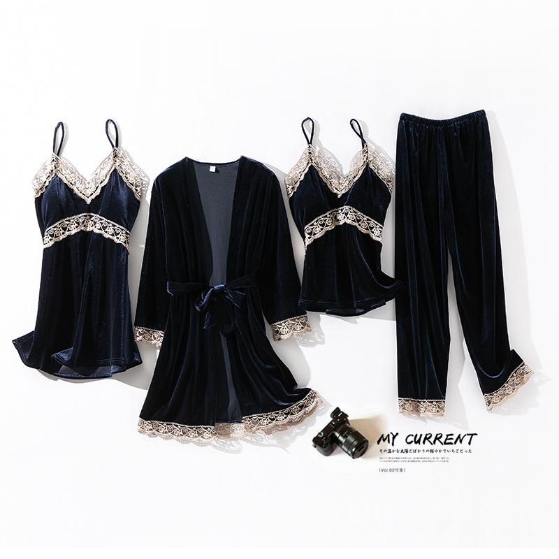 1010 new pajamas women's spring autumn and winter long-sleeved four-piece Internet celebrity popular loungewear sexy gold velvet can be worn outside