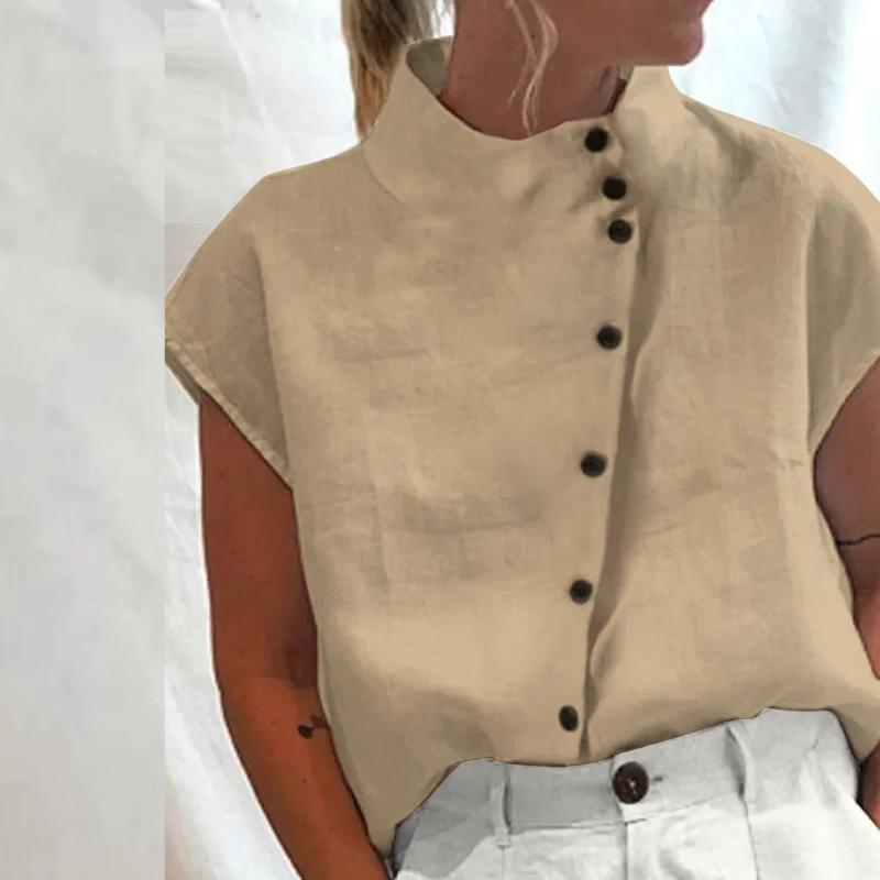 Необычная хлопковая блузка на пуговицах, белый топ, зеленый, черный, воротник-стойка, повседневная рубашка для женщин, рубашки с коротким рукавом