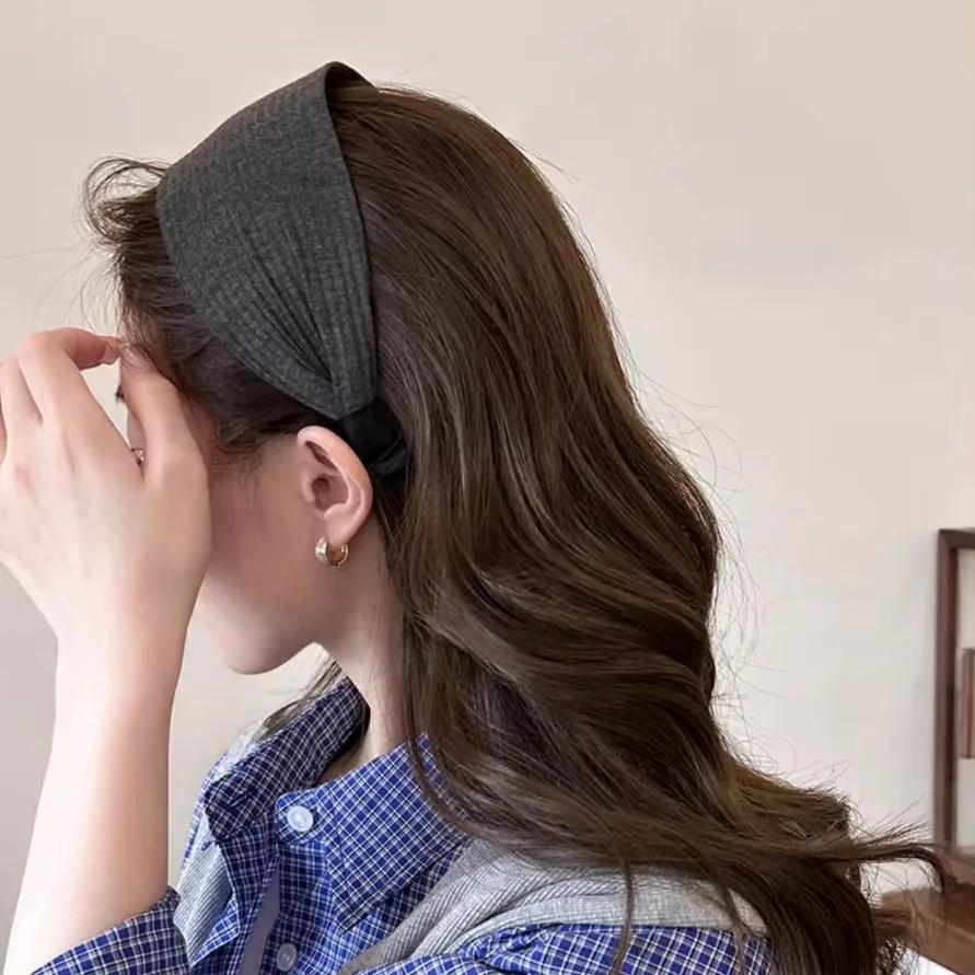 Solid Color Wide Edge Striped Yarn Headband High Head Headband French Gentle Atmosphere Hair Accessory