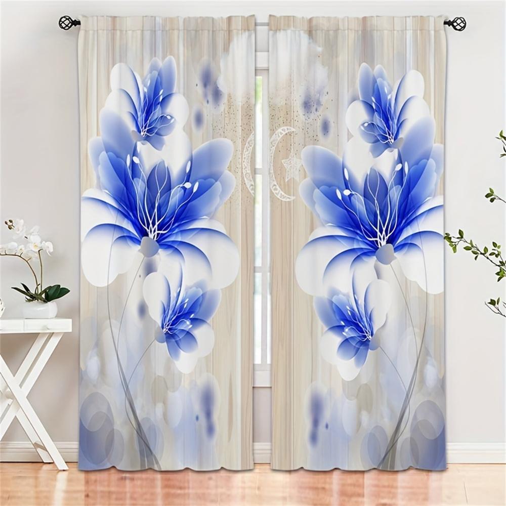 2Pcs Luxury Blue Floral Flower Vase Girl Window Treatment Curtains Blinds For Living Room Kids Bedroom Kitchen Door Home Decor