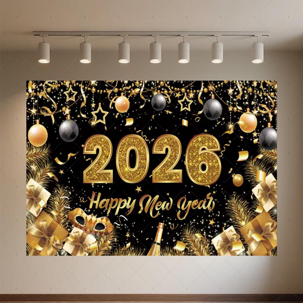Black Gold New Year Background Banner Glitter 2026 Happy New Year Backdrop Supplies Balloons New Year Party Decoration Gifts