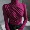 Pleated Half Turtleneck Bottoming Shirt for Women Tshirts Long Sleeve Slim Tops