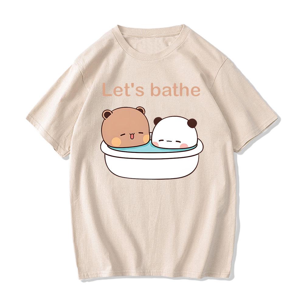 Футболки Kawaii Bear Panda Bubu и Dudu Let's Bathe с мультяшным принтом, футболка из 100% хлопка, футболки с короткими рукавами, милые футболки с круглым вырезом, повседневные аниме