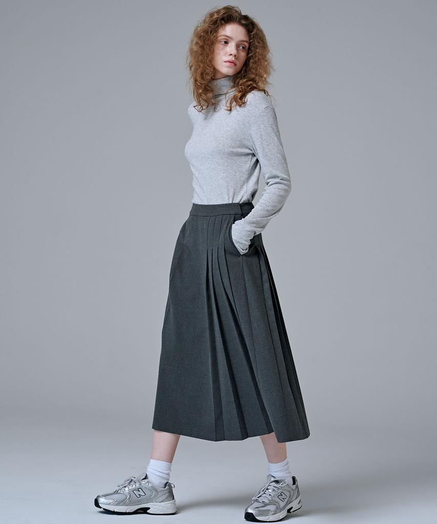 Marop 3108 Wool Pleated Long Skirt (Dark Gray)