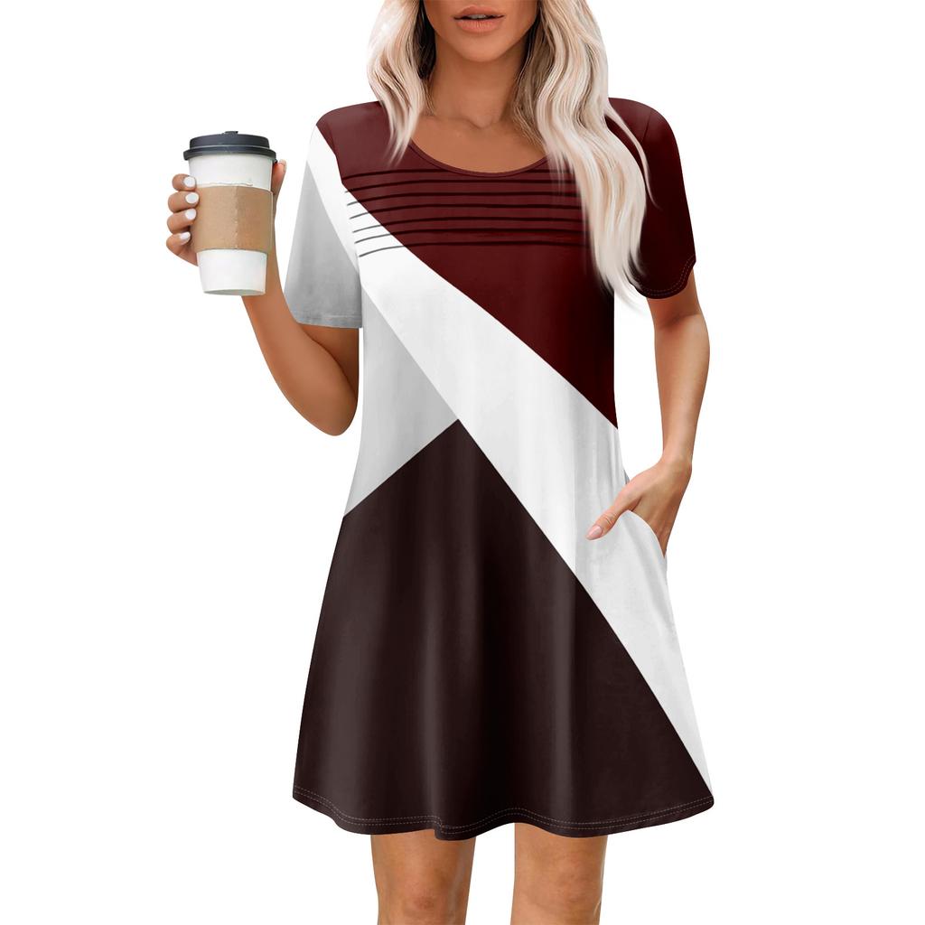 Женские летние повседневные платья с круглым вырезом, плиссированные, с карманами, с принтом, с коротким рукавом