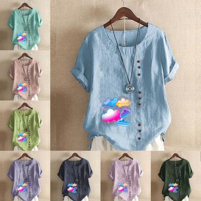 Женская модная футболка с круглым вырезом и коротким рукавом, повседневная хлопковая льняная рубашка с рисунком, свободная летняя блузка с принтом в виде цветных облаков
