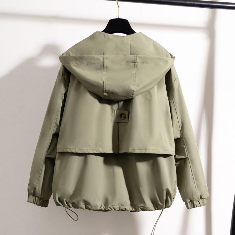 Women Green Workwear Hooded Regular Shoulder Short Windbreaker Jacket