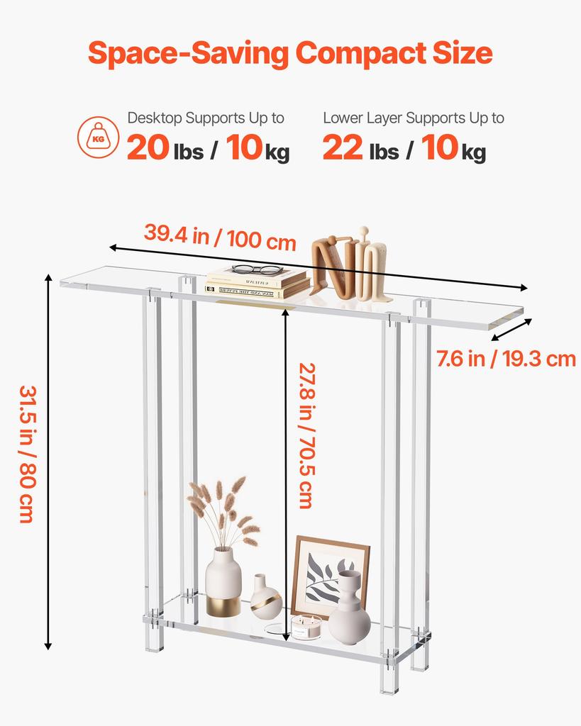 VEVOR Acrylic Console Table, 2 Tiers Narrow Side Desk with Bottom Open Storage, Modern Rectangle Acrylic End Table, Transparent Entry Desk for Foyer