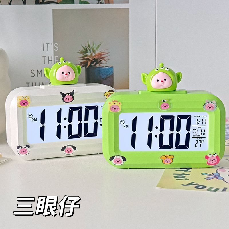 Cartoon Three-Eyed Alarm Clock Mini Bedside Clock Student Dormitory Multifunctional Desktop Small Mini Clock Alarm Clock