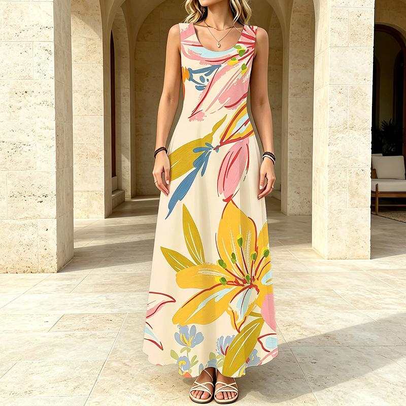 Floral Maxi Dress,Loose Sleeveless Lightweight Flowy Beach Vacation Dress,Vibrant Color,Stylish & Versatile for Daily Casual Wear