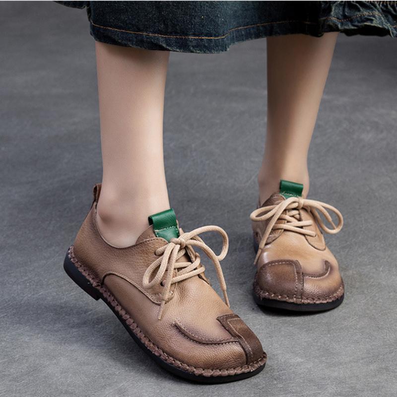 Johnature Genuine Leather Soft Sole Women's Shoes Vintage Round Toe Lace-up Versatile Comfortable Flat Shoes