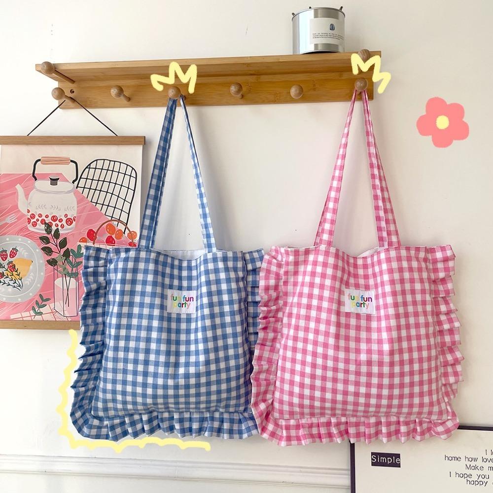 Large Capacity Plaid Cotton Handbag Sweet Tote Bag Ins Lace Pillow Bag Outdoor