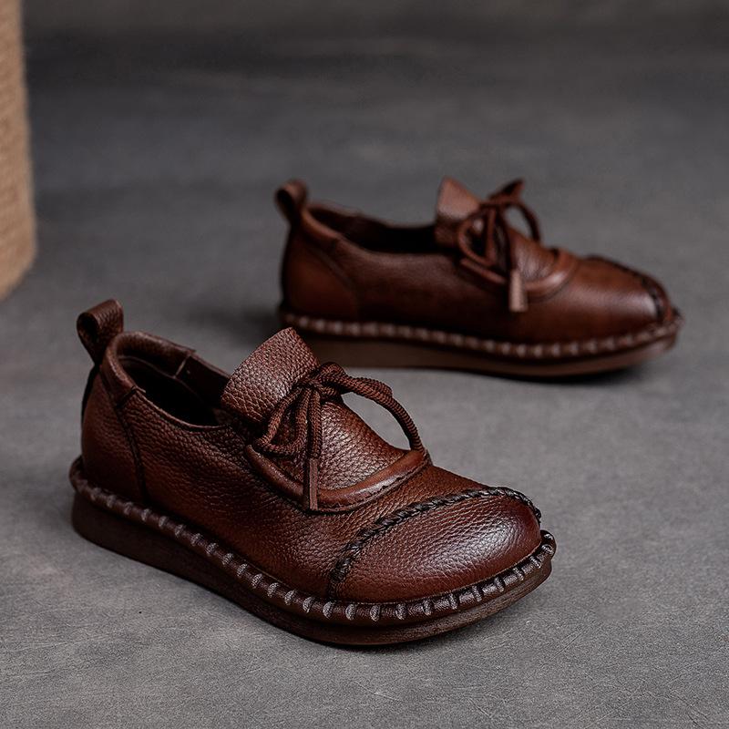 Women Flats Shoes Spring Round Toe Lace-up Genuine Leather Casual Loafers Handmade Comfortable Shoes