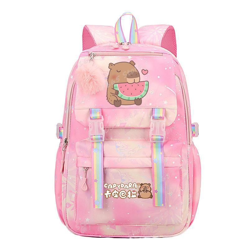 Capybara Cartoon Print School Backpack Girls Nylon Lightweight Student Bag With Padded Curved Straps Fresh Sweet Style