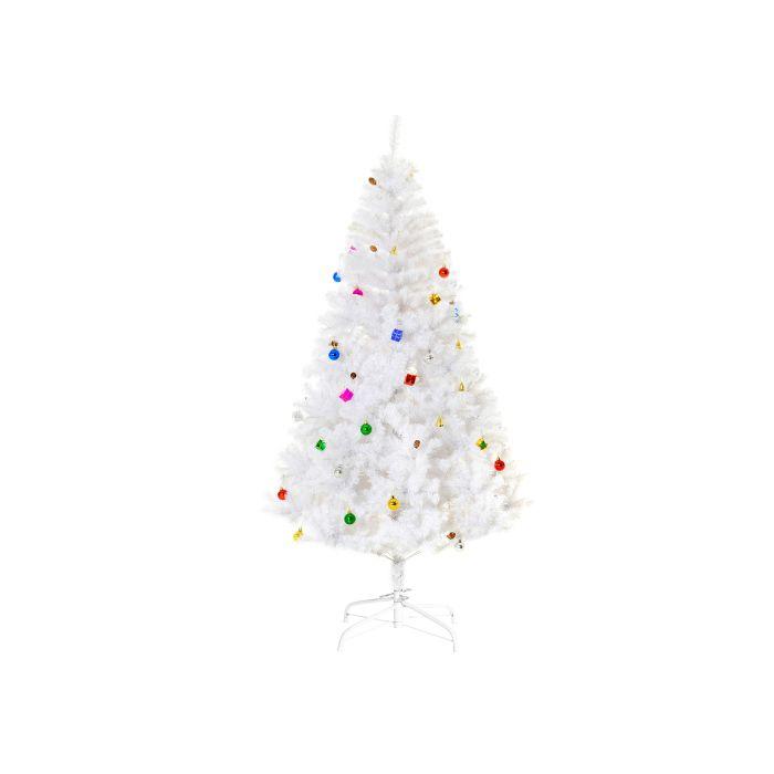 Sapin de Noël artificiel - MUVOE - 180 cm - Blanc enneigé - 930 pointes - Support et décorations inclus