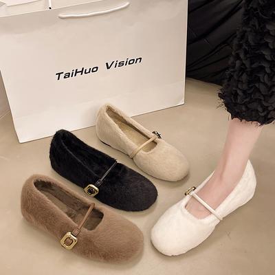 Модные туфли AJGS, новые элегантные туфли Мэри Джейн с пряжкой на ремне из меха, женские удобные мягкие пушистые балетки на плоской подошве, женские плюшевые неглубокие мокасины, лаконичное платье