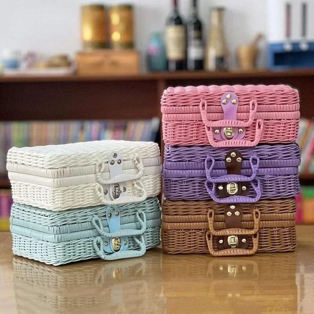 Straw Woven Rattan Basket Retro Cosmetic Storage Box New Rattan-like Finishing Box