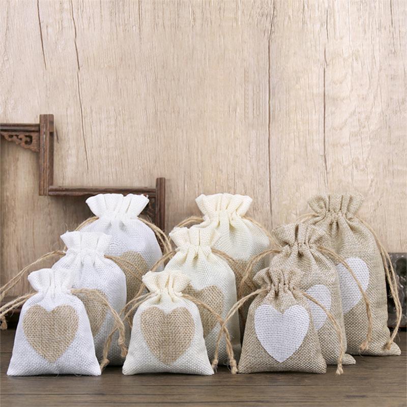 10Pcs Heart Shape Linen Small Drawstring Bag Reusable Burlap Jewelry Storage Pouch Gift Packaging Bags Party Candy Bags