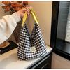 Women Contrast Color Lattice Magnetic Buckle Bucket Bag Leisure Canvas Cloth Shoulder Bags Tote Handbag