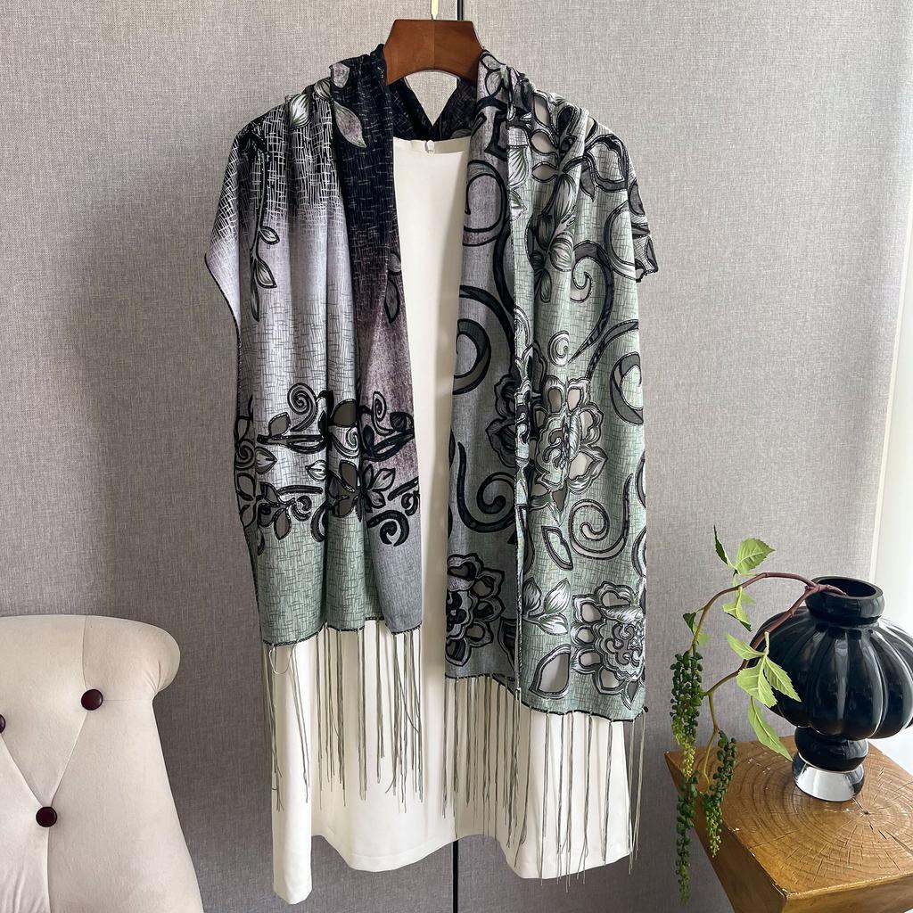 Этнический стиль кружевной шелковый шарф женский тренд мода бахрома вышивка тренд тонкий шарф шаль