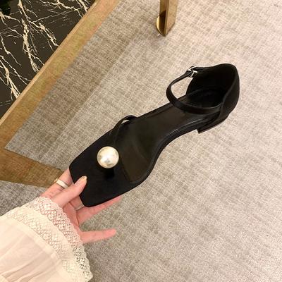 Су Иньинь Летний лунный свет тот * е Квадратный носок Жемчужные шлепанцы в елочку Сандалии на каблуке-мезонине Сандалии с пряжкой на плоской подошве