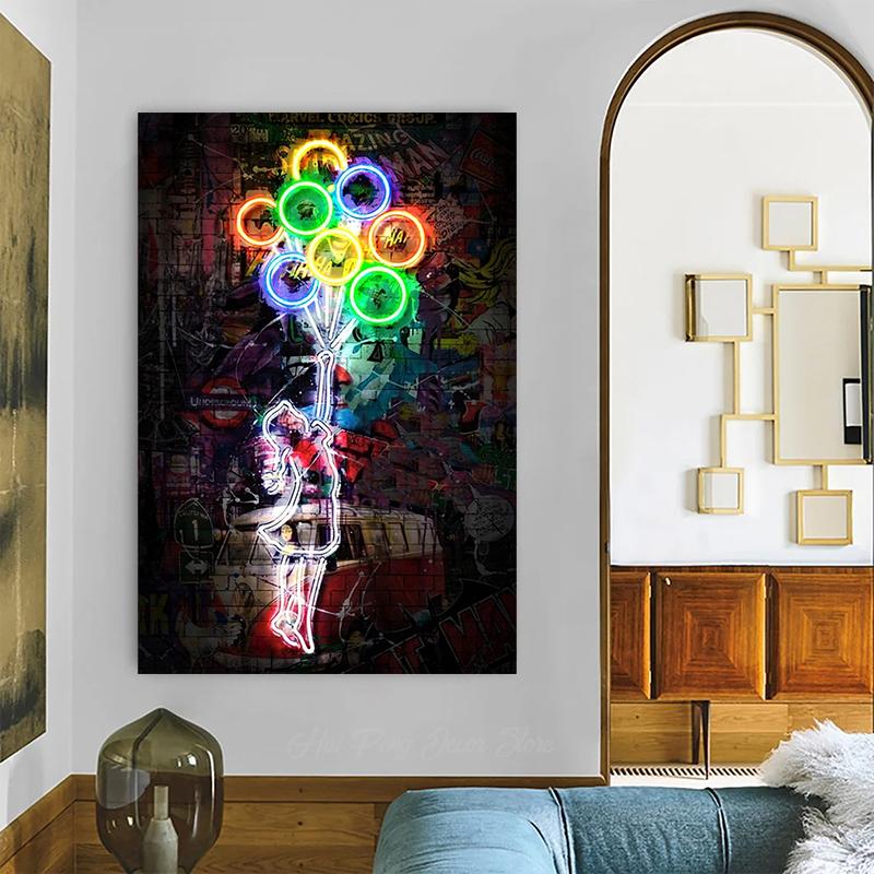 Воздушный шар Девушка Неоновое Искусство Граффити Холст Картина Уличный Стиль Поп-Арт Плакаты и принты Настенная Картина Куадрос для Домашнего Декора Комнаты