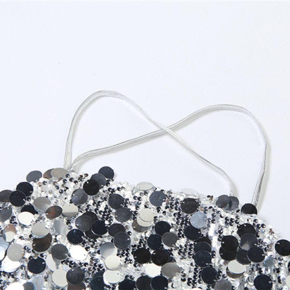 Beachwear Silver Sequin Camisole Short Women's Lace-Up Vest Design Glitter Tank Top  Vacation