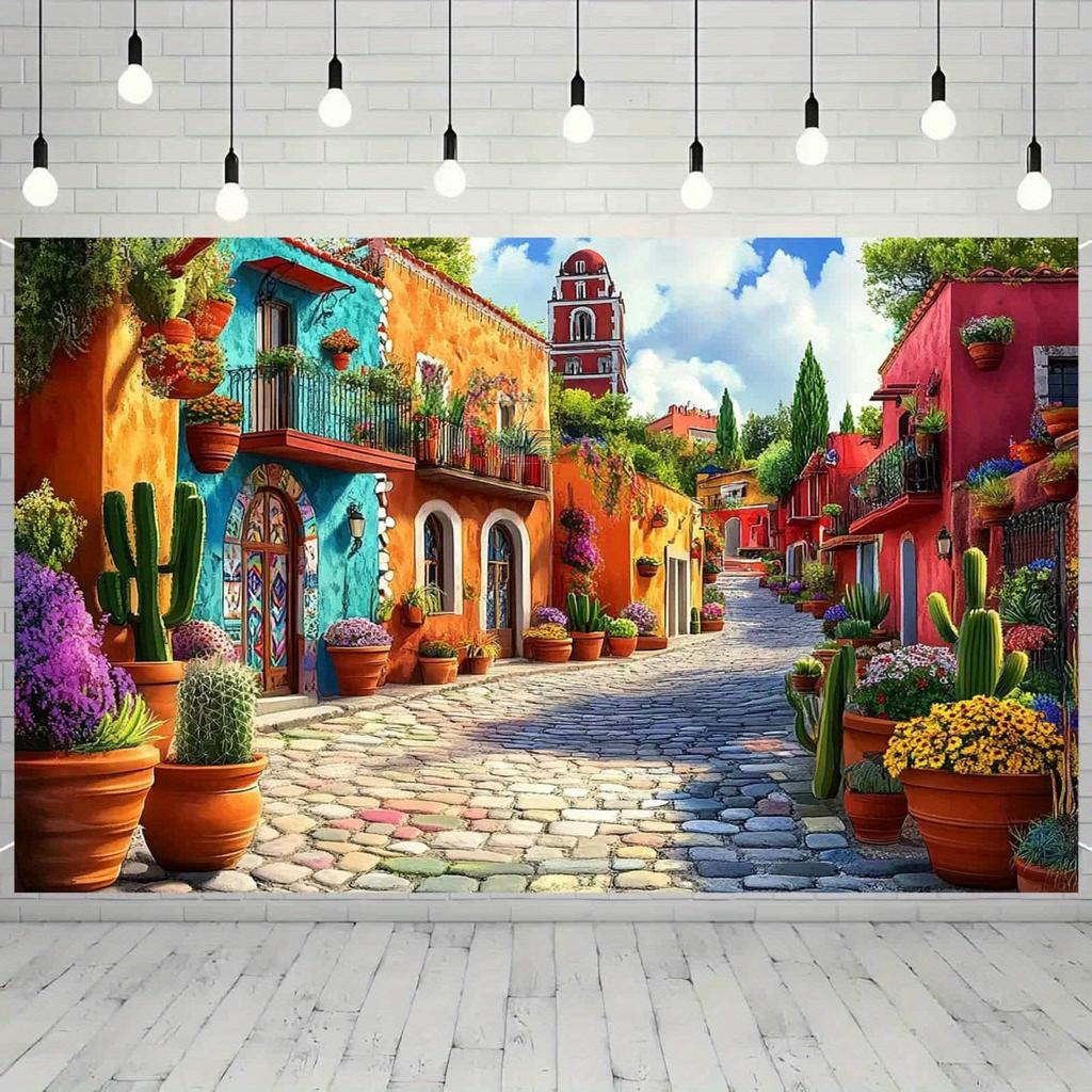 The vibrant Mexican village party banner - colorful street scene with potted plants and cobblestone paths